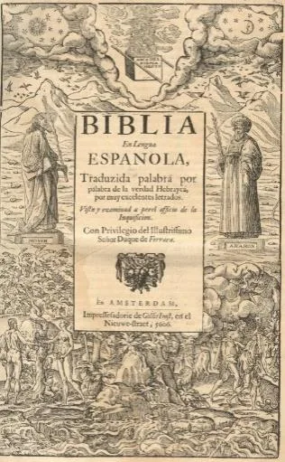 Kupferstich-Titelseite der Bibel in spanischer Sprache, 1646 in Amsterdam gedruckt, mit den Gestalten Moses und Aarons