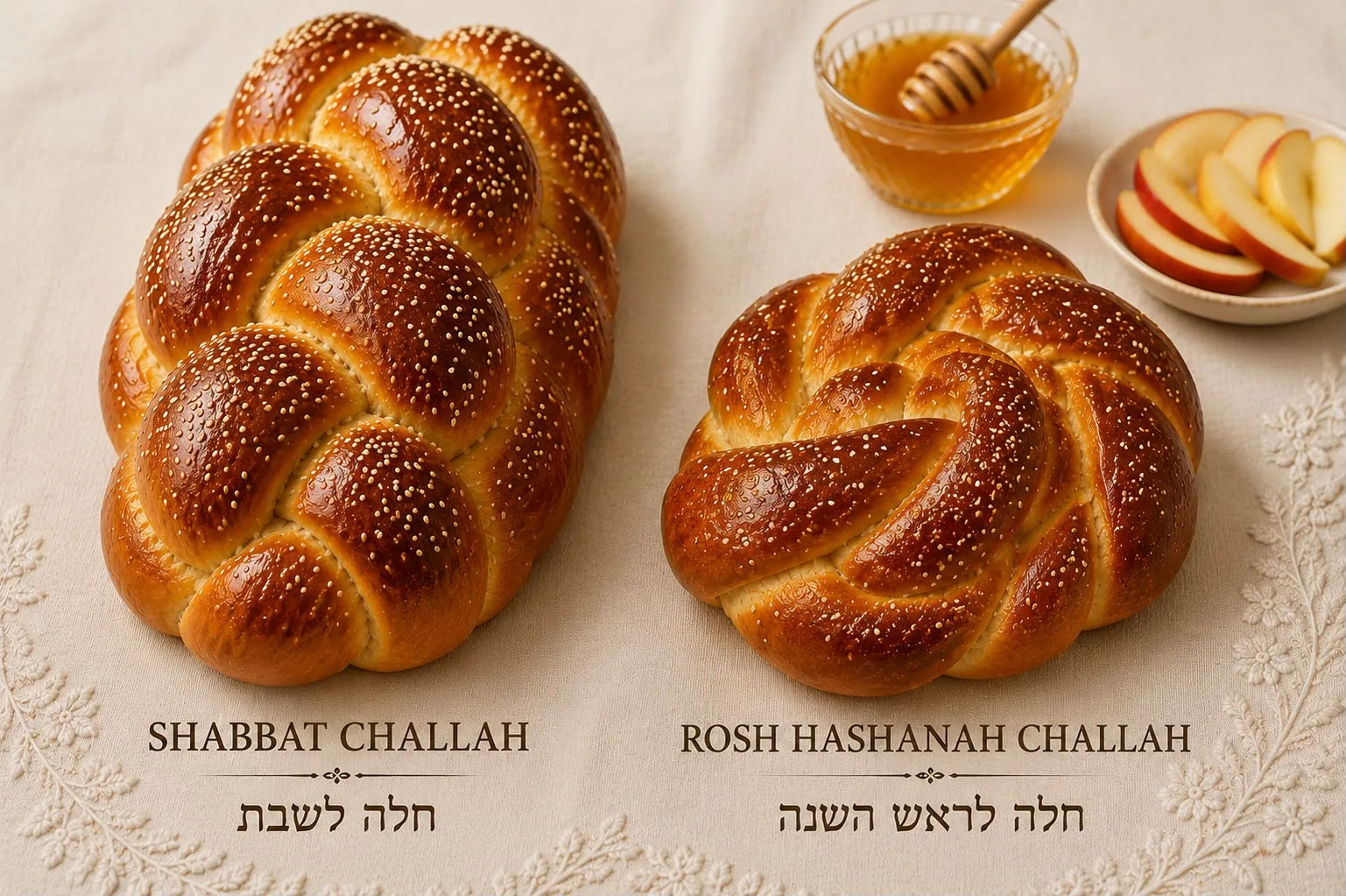 Zwei Challot auf einer bestickten Decke, mit Honig und Apfelspalten: links die geflochtene Schabbat-Challa, rechts die runde Rosch-Haschana-Challa