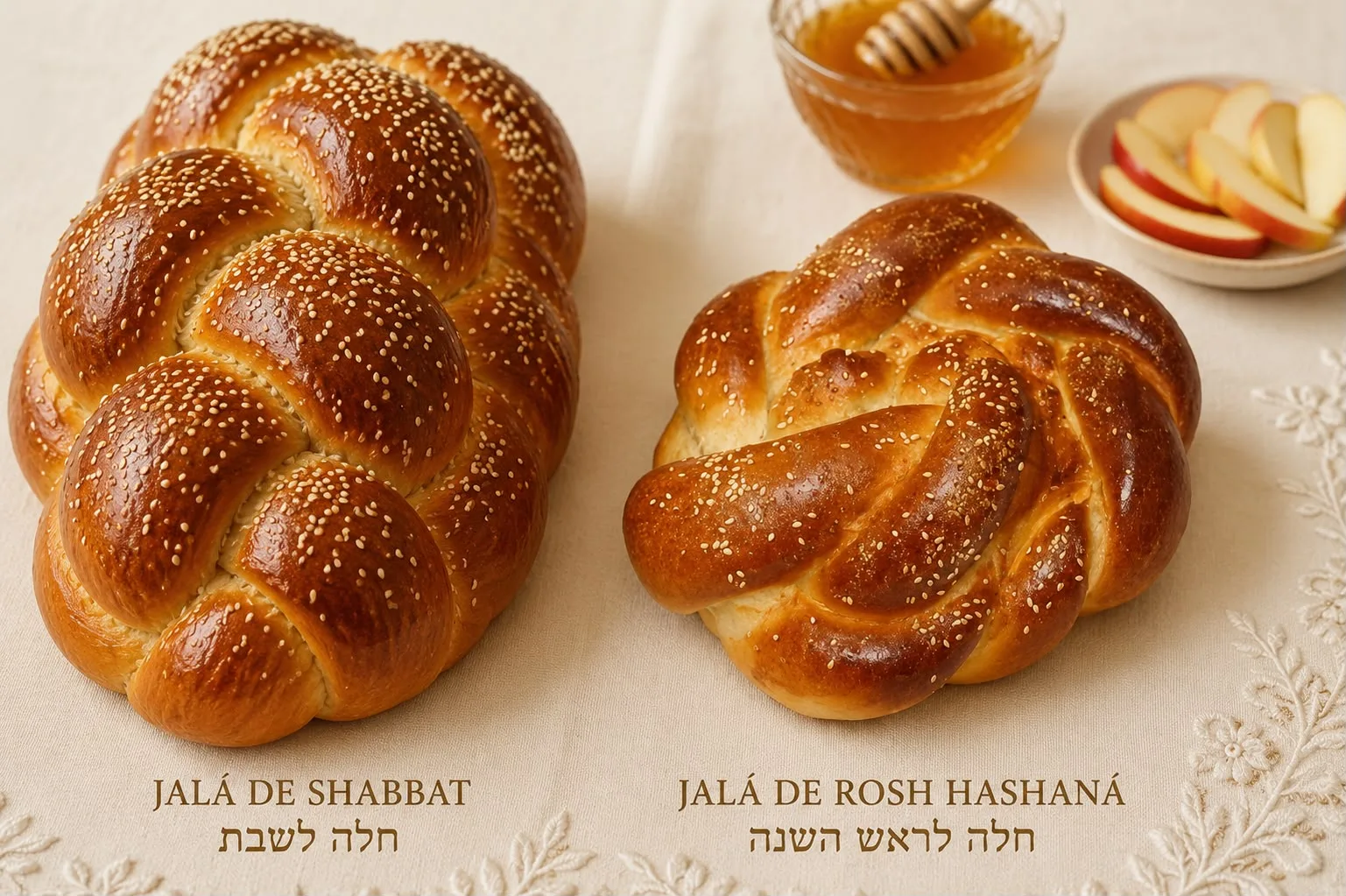Zwei Challot auf einer bestickten Decke, mit Honig und Apfelspalten (Fassung mit spanischer Beschriftung): links die geflochtene Schabbat-Challa, rechts die runde Rosch-Haschana-Challa