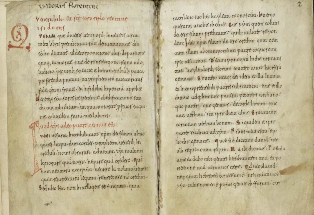 Aufgeschlagener Kodex der Schrift „De fide Catholica contra Iudaeos“ des heiligen Isidor, digitalisierte Kopie aus der Nationalbibliothek Spaniens