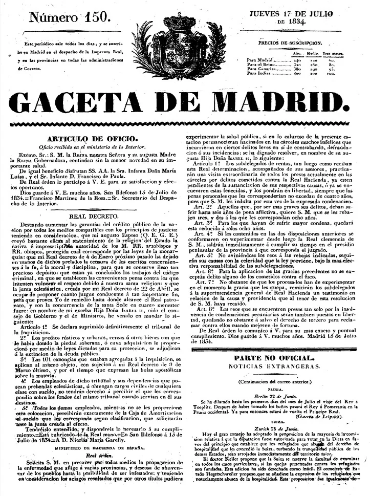 Titelseite der Gaceta de Madrid, Nr. 150, 17. Juli 1834, mit dem Königlichen Dekret zur Aufhebung des Inquisitionstribunals
