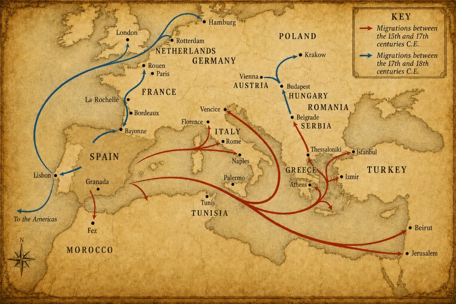 Karte der sephardischen Wanderungen nach der Vertreibung: Routen des 15.–17. und 17.–18. Jahrhunderts von der Iberischen Halbinsel nach Nordafrika, Italien, in das Osmanische Reich und nach Nordeuropa