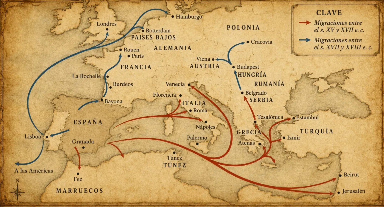 Karte der sephardischen Wanderungen nach der Vertreibung (spanische Fassung): Routen des 15.–17. und 17.–18. Jahrhunderts von der Iberischen Halbinsel nach Nordafrika, Italien, in das Osmanische Reich und nach Nordeuropa