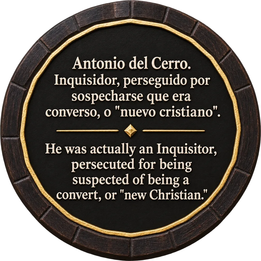 Gedenkplatte — Antonio del Cerro, Inquisitor, verdächtigt, ein Converso oder „Neuchrist“ zu sein, und verfolgt.