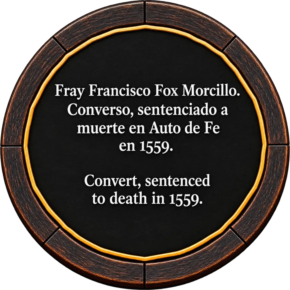 Gedenkplatte — Fray Francisco Fox Morcillo, ein Converso, 1559 in einem Auto de Fe zum Tode verurteilt.