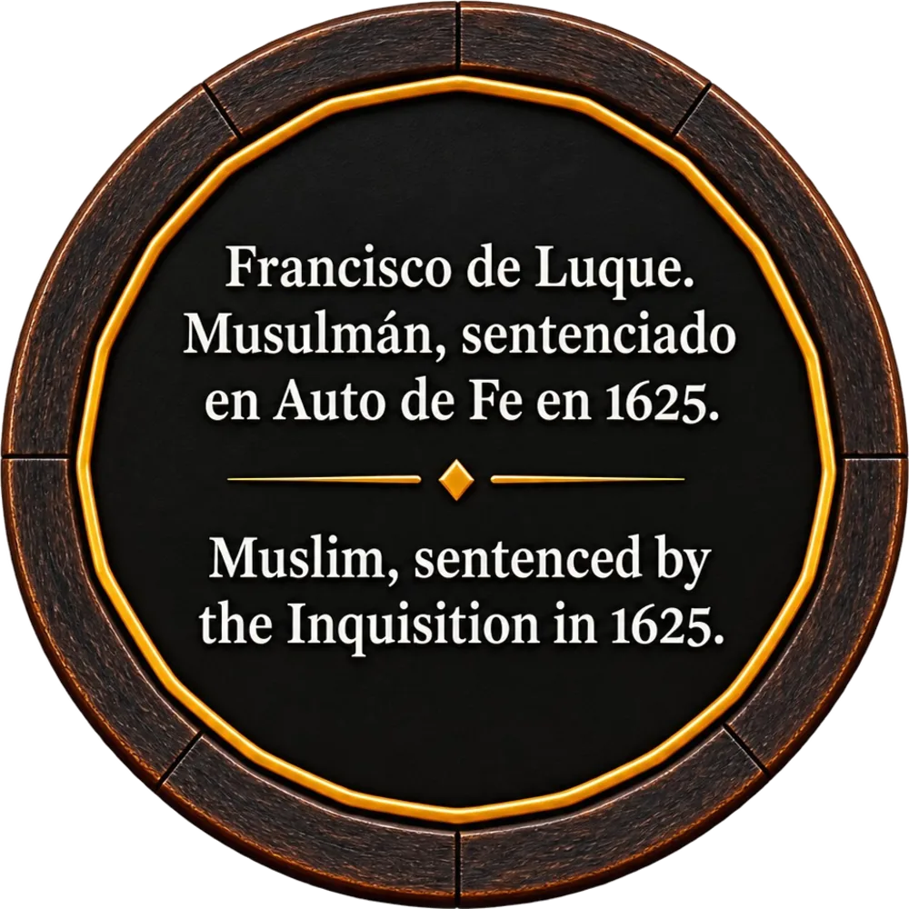 Gedenkplatte — Francisco de Luque, ein Muslim, 1625 in einem Auto de Fe verurteilt.