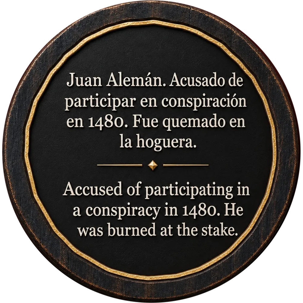 Gedenkplatte — Juan Alemán, beschuldigt, 1480 an einer Verschwörung teilgenommen zu haben; er wurde auf dem Scheiterhaufen verbrannt.
