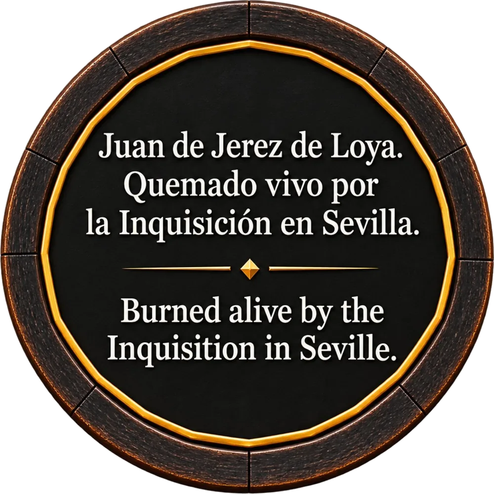 Gedenkplatte — Juan de Jerez de Loya, von der Inquisition in Sevilla bei lebendigem Leib verbrannt.