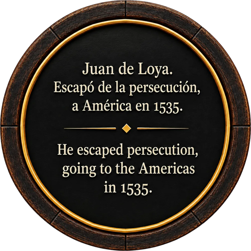 Gedenkplatte — Juan de Loya, der 1535 der Verfolgung nach Amerika entkam.
