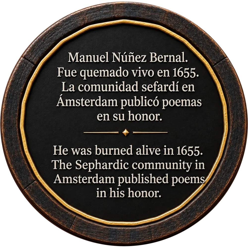 Gedenkplatte — Manuel Núñez Bernal, 1655 bei lebendigem Leib verbrannt; die sephardische Gemeinde Amsterdams veröffentlichte Gedichte zu seinen Ehren.