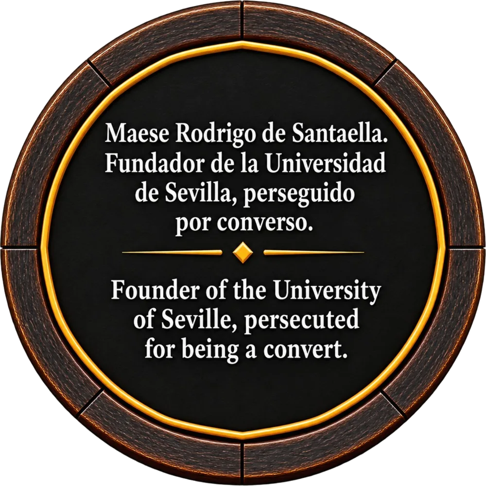 Gedenkplatte — Maese Rodrigo de Santaella, Gründungsvater der Universität Sevilla, als Converso verfolgt.