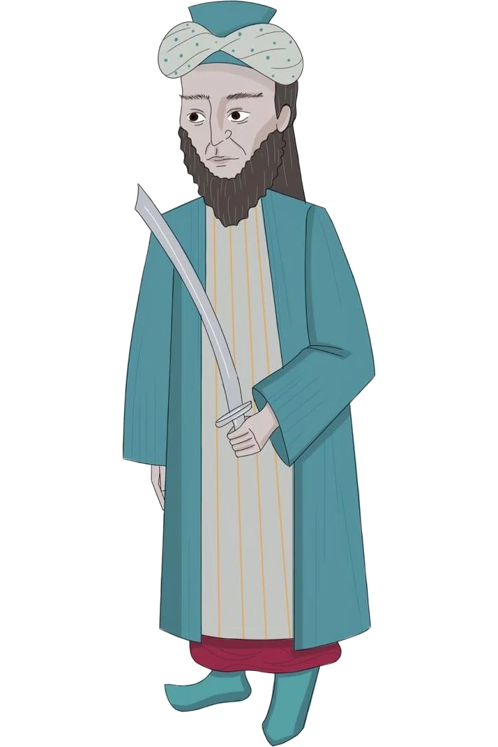 Illustration des Kaula al-Yahudi, jüdischer Soldat des 8. Jahrhunderts, mit Turban und Säbel
