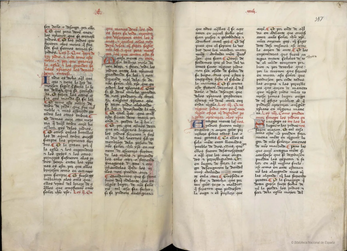 Manuscript page of the Siete Partidas with the laws concerning the Jews, digitised copy